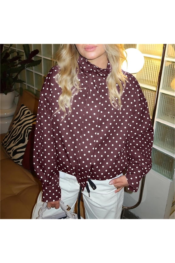 Polka Dot Zipper Jackets for Women, Loose Stand-Up Collar Coats, Fall Trendy Fashion Coat