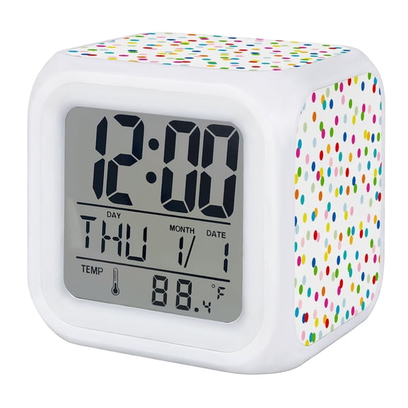 Polka Dots Alarm Clock, Abstract Minimalist Pink Blue Yellow Green Circles Digital Clock Night Light with 7 Color, Calendar Temperature Display, LED Desk Small Clock for Bedrooms Bedside Living Room