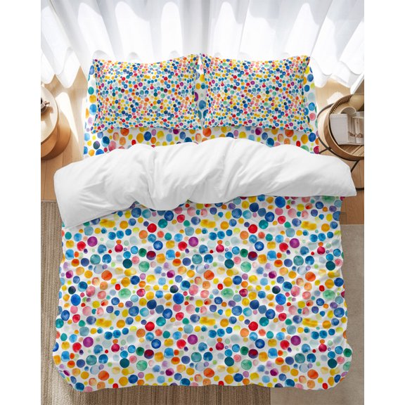 Polka Dots Bedding Duvet Cover Set Full Size 4 Pieces Watercolor Blue Yellow Red Soft Twill Plush Quilt Cover, Include 1 Duvet Cover 1 Flat Sheet And 2 Pillow