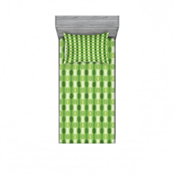 Polka Dots Bedding Set with Sheet & Covers, Vintage Featured Striped Pattern with Polka Dots Regular Circles Retro Theme Artprint, Printed Bedroom Decor 2 Shams, 4 Sizes, Green, by Ambesonne