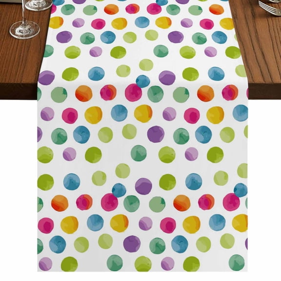 Polka Dots Burlap Cotton Table Runner 13x36 Inches Short, Children's Day Colorful Watercolor Abstract Farmhouse Table Runners, Outdoor Dining Tablecloths Decor for Baby Shower/Party/Wedding