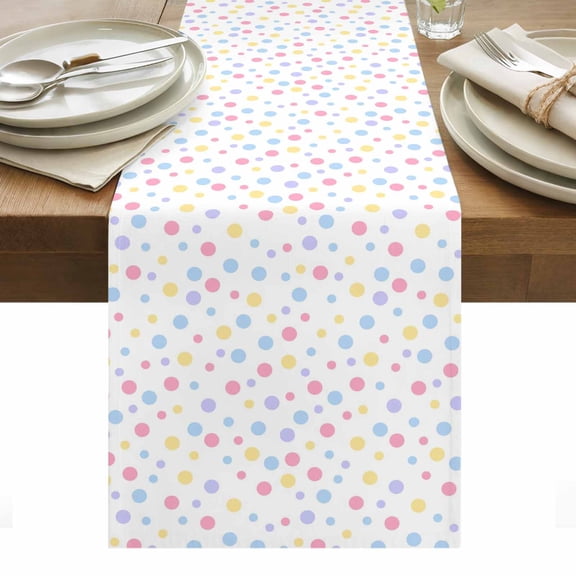 Polka Dots Cotton Linen Table Runner Blue Pink Yellow Point White Background Modern Art Dining Table Runners for Home Decor Party Dining Room Restaurant Kitchen Party 13" x 36"