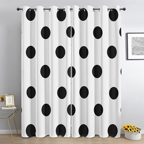 Polka Dots Curtains Set - Black Circle Blackout Curtains For Bedroom, Minimalist Window Treatments For Living Room Drapes 53"W x 63"L (Pack of 2)