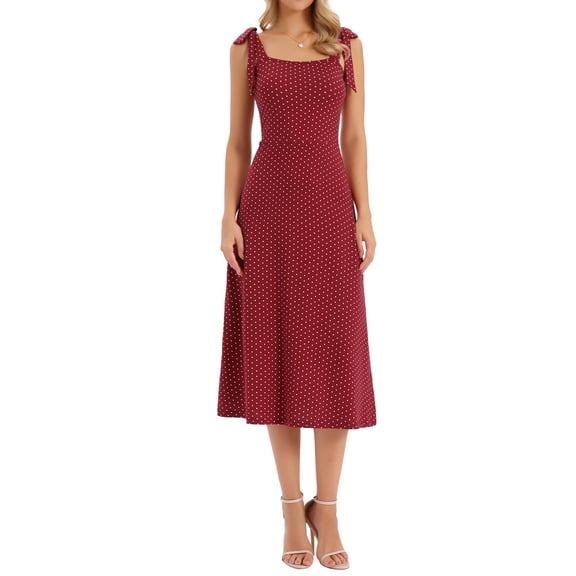 Polka Dots Dress for Women Tie Shoulder Sleeveless A-Line Elegant Maxi Dresses S Dark Red