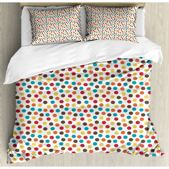 Polka Dots Duvet Cover Set, Colorful Points on a Plain Backdrop, Decorative 3 Piece Bedding Set with 2 Pillow Shams, Calking Size, White Multicolor, by Ambesonne