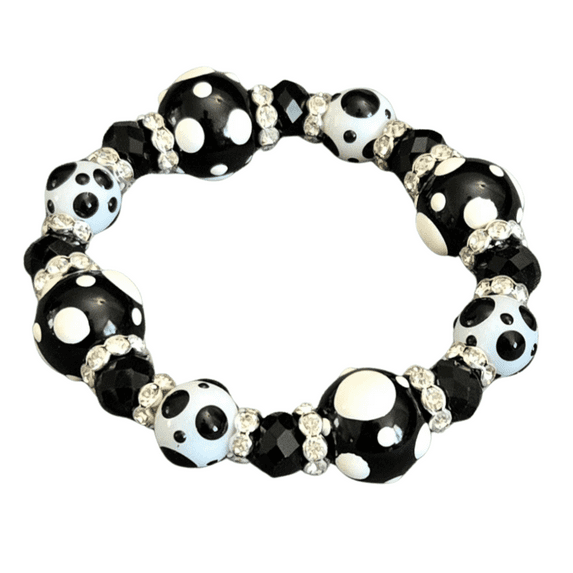 Polka Dots Glass Beaded Stretch Bracelet, Black Jewelry, Christmas Birthday Gift Idea, 1 pc