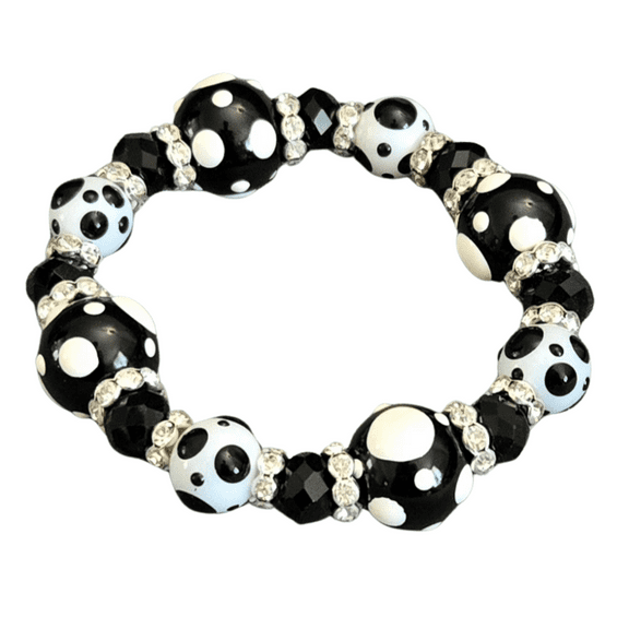 Polka Dots Glass Beaded Stretch Bracelet, Black Jewelry, Christmas Birthday Gift Idea, 1 pc