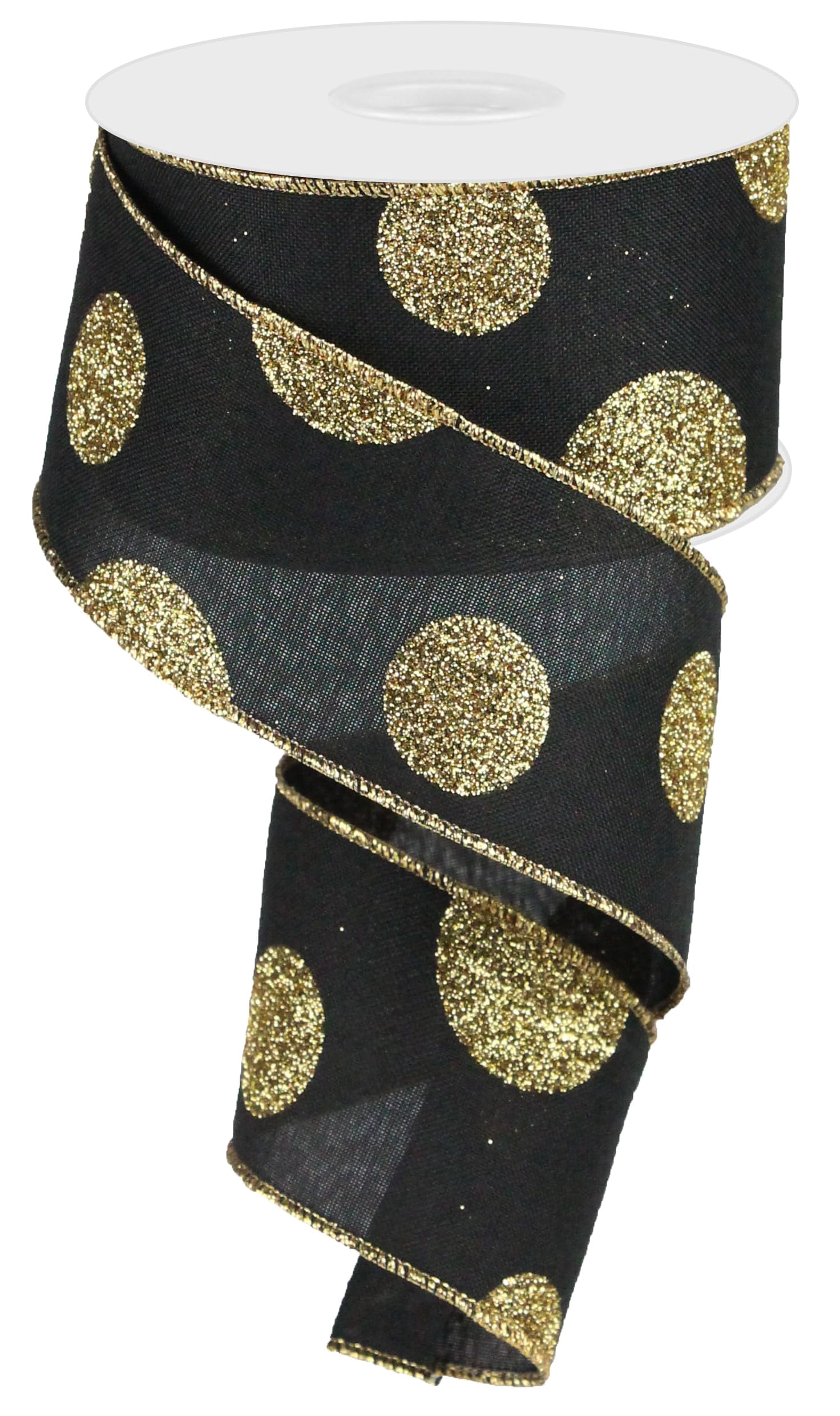 Polka Dots Glittered Royal Wired Ribbon, Black Gold 2.5 Inches X 100 Feet