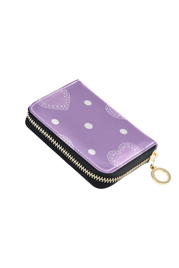 Polka Dots Hearts Purple Valentine Women's Credit Card Holder PU Leather Zipper Wallet RFID Blocking