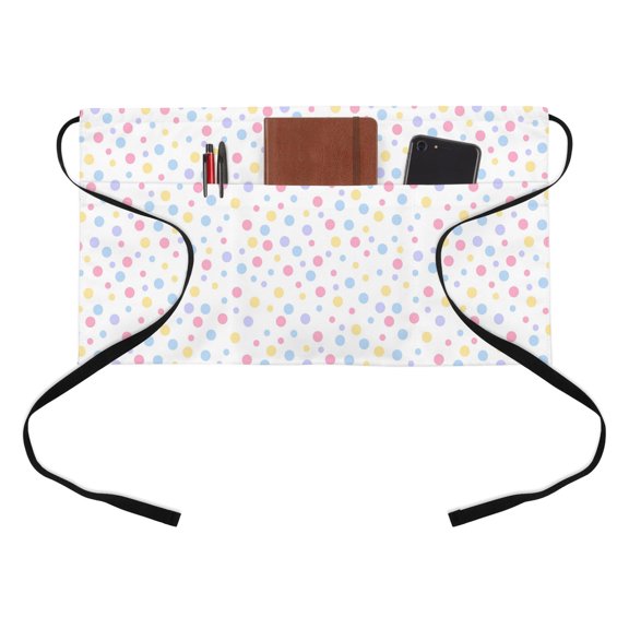 Polka Dots Kitchen Restaurant Half Waist Apron, Blue Pink Yellow Point White Background Modern Art Server Short Apron with 3 Pockets Waterproof Oil Waist Aprons for Women Waitress Waiter