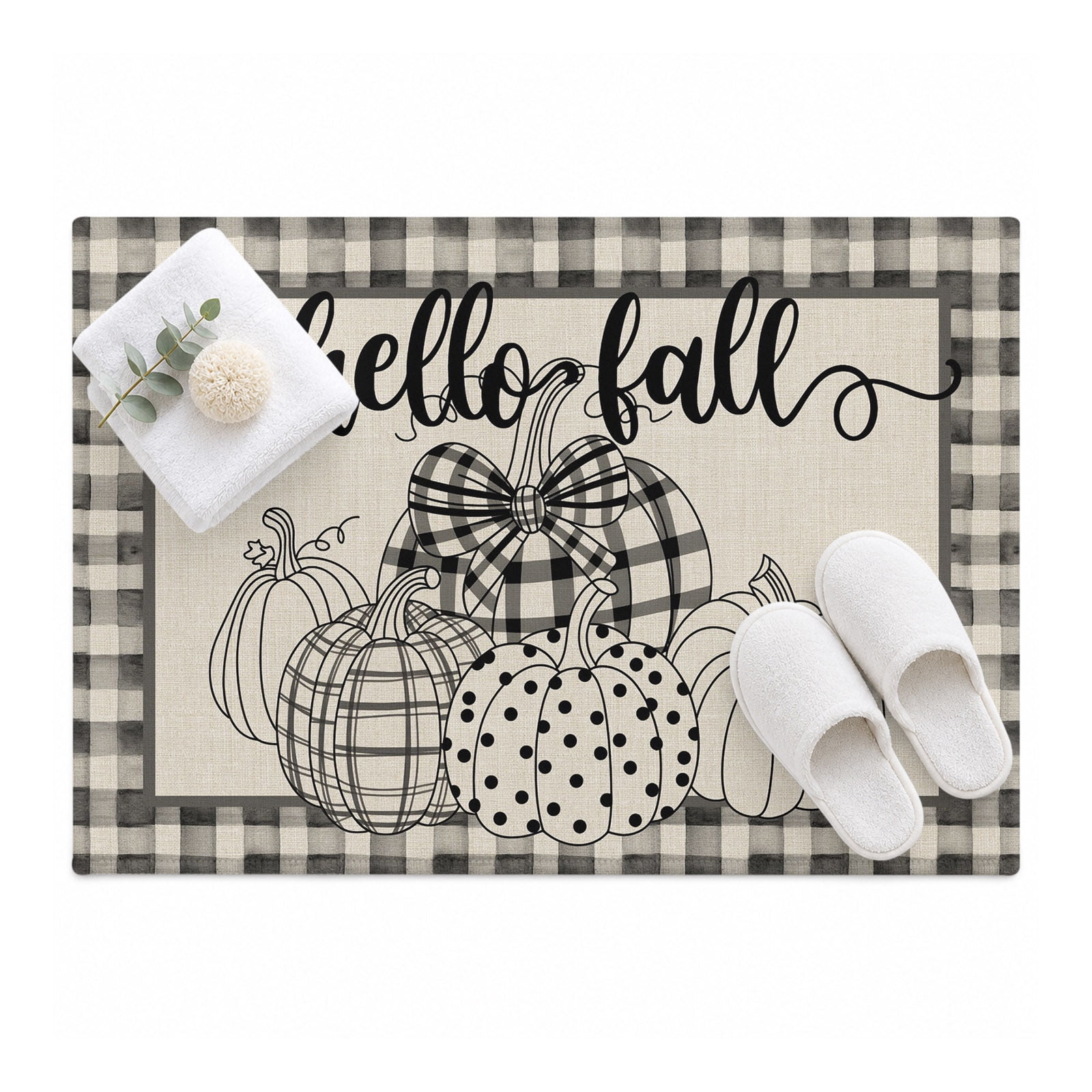 Polka Dots Plaid Pumpkin Area Rug 2'x3', Thanksgiving Mat Non-Slip ...