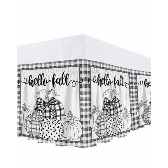 Polka Dots Plaid Pumpkin Bed Skirt Thanksgiving Hello Fall Rustic Bed Skirts Queen Size 16 Inch Drop, Wrap Around Dust Ruffle&nbsp;Bedskirt with Adjustable Elastic Belt for Queen Size Beds