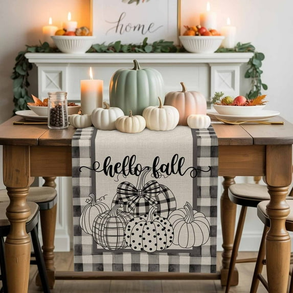Polka Dots Plaid Pumpkin Cotton Linen Table Runner, Washable Table Runners for Kitchen, Dining Room, Holiday, Home Party Table Decor, 13x48 Inches