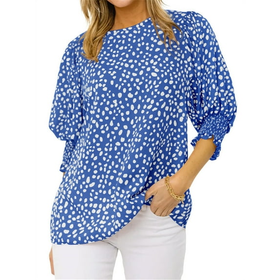 Polka Dots Print Women 3/4 Sleeve Casual Chiffon Blouse Tops