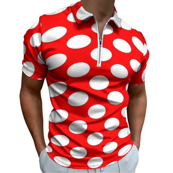 Polka Dots Red Polka Dots Men Zipper T-shirt Summer Casual Short Sleeve T-shirt Top
