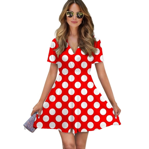 Polka Dots Red Polka Dots Women Dress V-Neck Short Sleeve Flowy Swing Party Midi Dress
