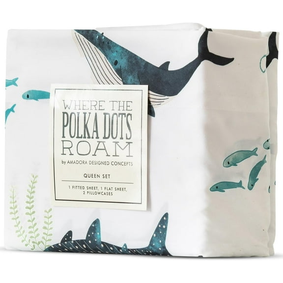 Where The Polka Dots Roam Nautical Ocean Full Bedding Set - 4 Piece Super Soft Kids Bed Set with Fitted Sheet, Flat Sheet, and Pillowcases - Underwater Sea Creatures Design for Boys Girls Room Décor