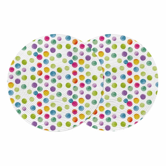 Polka Dots Round 13 Inch Placemats Set of 2, Children's Day Colorful Watercolor Abstract HeatResistant Non Slip Place Mats for Dining Table, Wipeable Braided Kitchen Table Mats for Housewarming