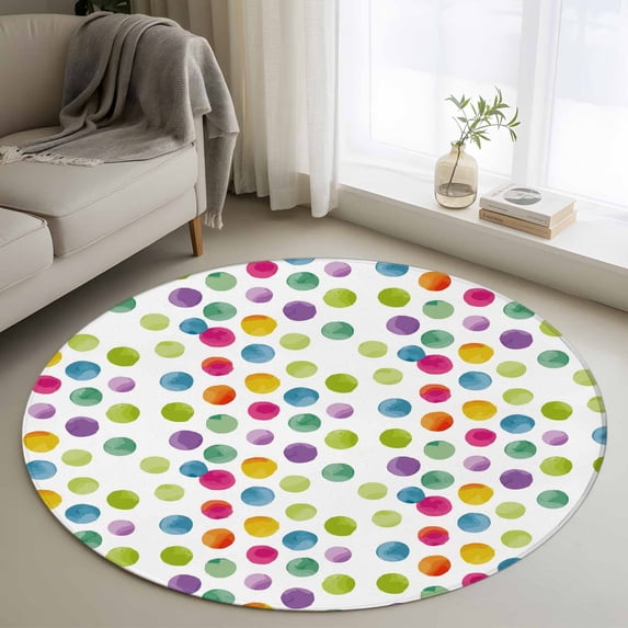 Polka Dots Round Area Rug 4Ft Washable Circle Rugs for Bedroom Dining Room, Children's Day Colorful Watercolor Abstract Non-Slip Carpet Floor Mats Indoor Outdoor Carpet Runner Aesthetic Home Decor