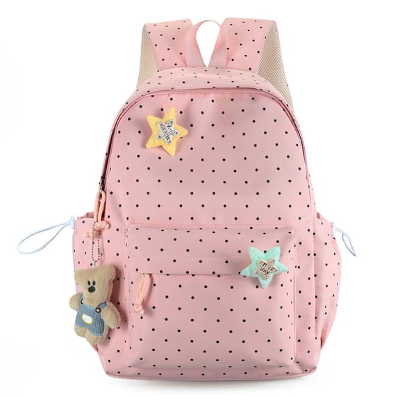 Polka Dots School Backpack, Cute Star Decoration Backpack with Adjustable Side Pockets, Lightweight School Bookbag with Pendant for Travel College, Pink