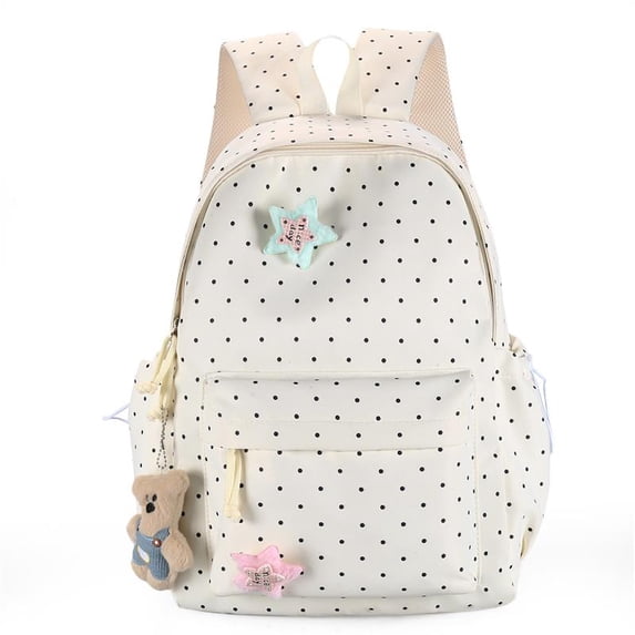 Polka Dots School Backpack, Cute Star Decoration Backpack with Adjustable Side Pockets, Lightweight School Bookbag with Pendant for Travel College, White