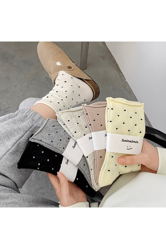 Polka Dots Socks Women Small Dot Roll Top Calf Crew Sock 6 Pairs Cute Breathable High Ankle