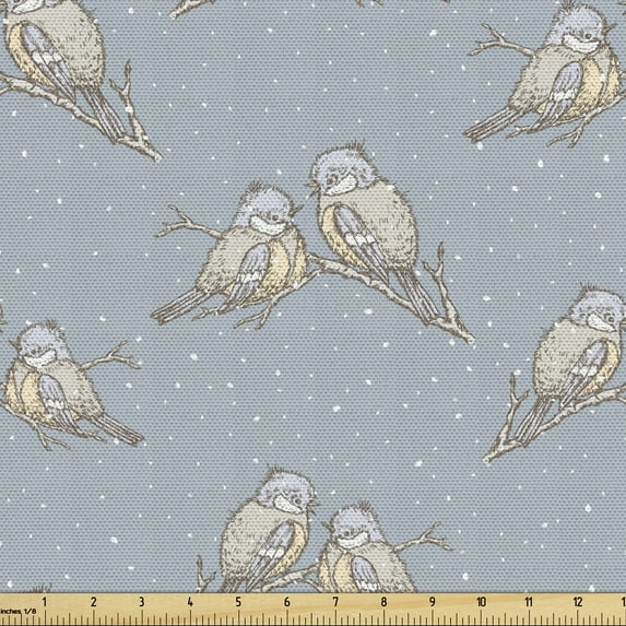 Ambesonne Polka Dots Fabric by the Yard Upholstery, Little Titmouse Birds, 3 Yards, Blue Grey and Dust