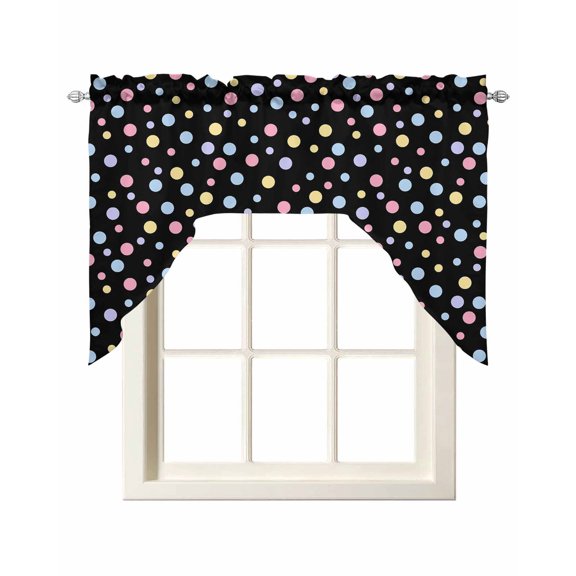Polka Dots Swag Valance for Window, Blue Pink Yellow Point Black Background Modern Art Light Filtering Swag Curtain Rod Pocket Kitchen Curtain Valance for Bedroom