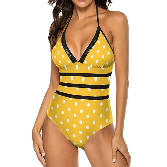 Polka Dots Swimsuit White And Yellow OnePiece Swimwear Push Up Bodysuit Vintage Fitness Bathing Suits