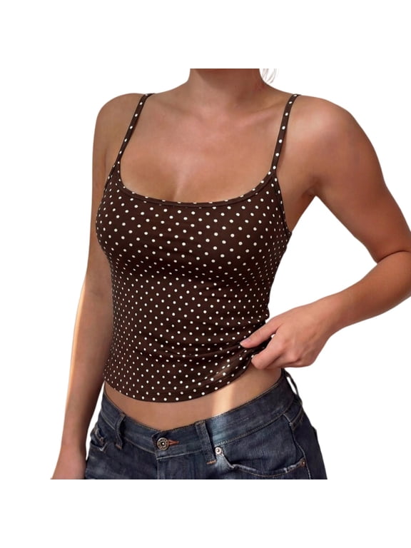 Polka Dots Tank Top for Women Teens Girls Cute Summer Tops Y2K Square Neck Camisole Slim Fit Women Elegant Soft Breathable Cami Going Out Tops Trendy Beach Vacation Outfits, Coffee S