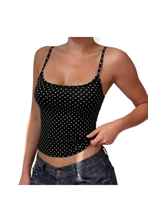 Polka Dots Tank Top for Women Teens Girls Cute Summer Tops Y2K Square Neck Camisole Slim Fit Women Soft Breathable Cami Going Out Tops Trendy Beach Vacation Outfits, Black S