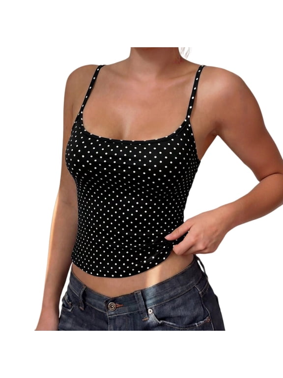 Polka Dots Tank Top for Women Teens Girls Cute Summer Tops Y2K Square Neck Camisole Slim Fit Women Soft Breathable Cami Going Out Tops Trendy Beach Vacation Outfits, Black S
