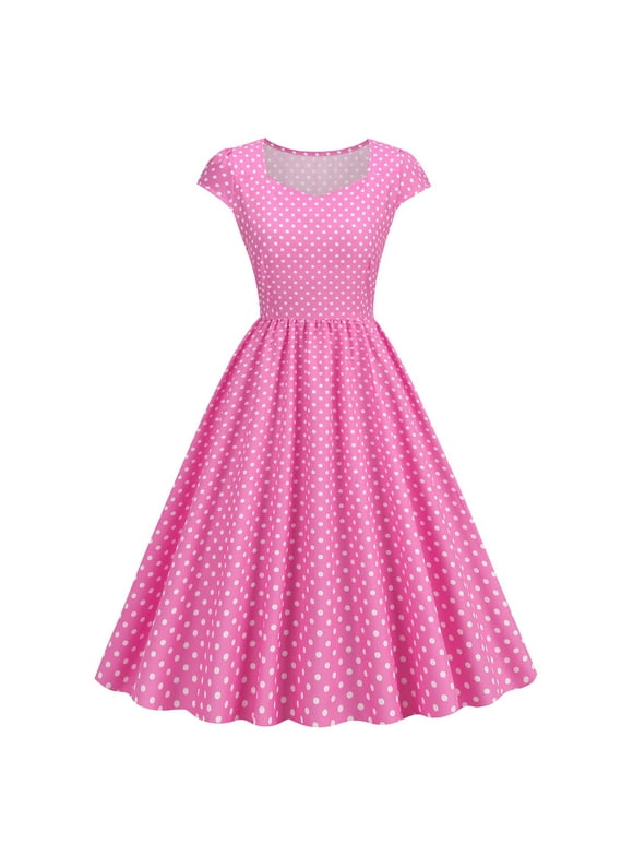 Polka Dots Vintage Cocktail Swing Dresses For Women 1950s Hepburn Style Square Neckline Short Sleeve Party Dress