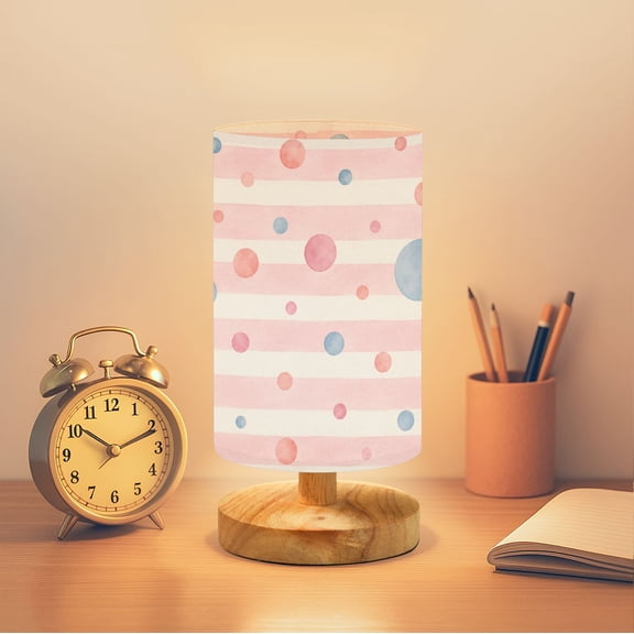 Polka Dots pink Stripes Bedside Table Lamp for Bedroom 16 Color Dimmable Small Desk Lamp Colorful striped Watercolor Nightstand Lamp with Remote Wooden Base Linen Shade for Gift