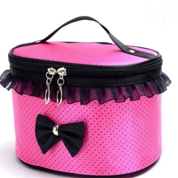 Polka Makeup With Black Bow And Ruffle Trim Storage Pouch With Handle And Zipper Closure Portable Travel Makeup Organizer For Girls And Teens Home Decor 20X14X12Cm