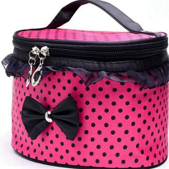 Portable Makeup Organizer Bag for and with Black Bow and Ruffle Trim Polyester Tote Zipper Closure Handle Travel