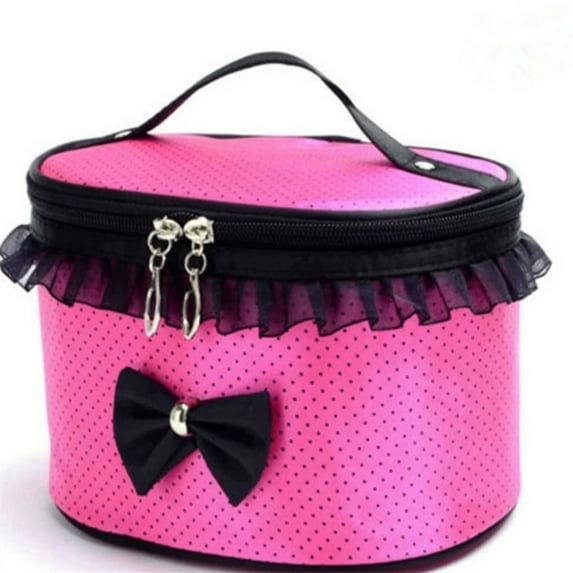 Polka Makeup With Black Bow And Ruffle Trim Storage Pouch With Handle And Zipper Closure Portable Travel Makeup Organizer For Girls And Teens
