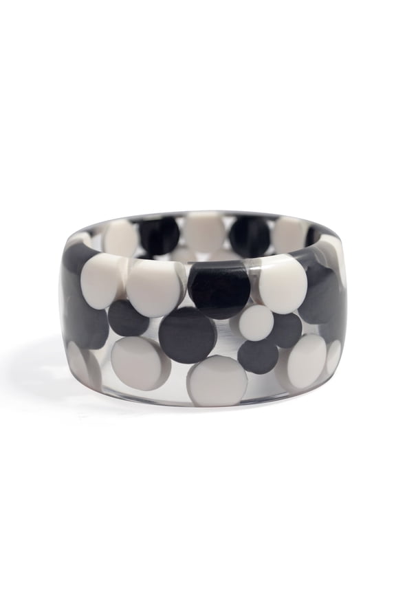 Handcrafted Resin Bangle Bracelet, Black and White Polka Dot Design, Clear Lucite with Bevelled Edges, Satin Finish, Womens Jewelry