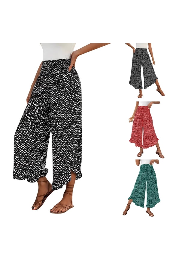 Polka Print Wide Leg Pants, High Waist Loose Fit Cropped Trousers with Cinched Waist, Casual Palazzo Pants for Women, Summer Aesthetic Gifts | CSEONE,Red XL