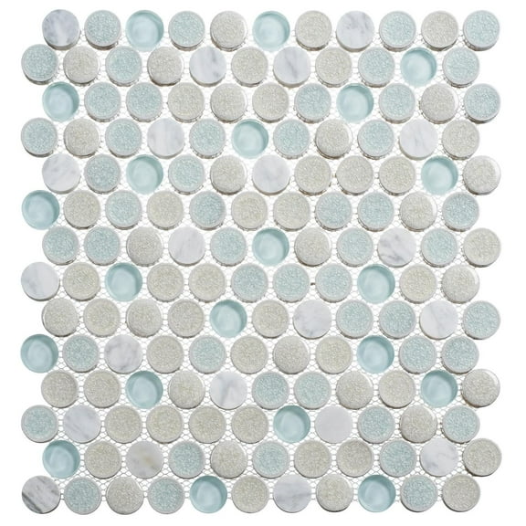 Polka Retro Blue 1-in. Vintage Penny Round Glass, Ceramic & Natural Stone Mosaic Wall and Floor Tile