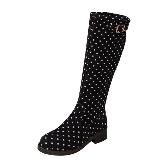 Polka Stretch Heel Knee High Boots Round Toe Mid Calf Long Footwear
