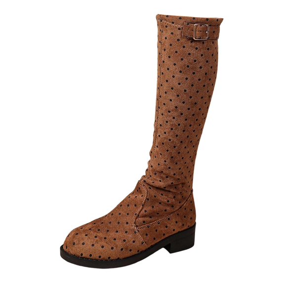 Polka Stretch Heel Knee High Boots Round Toe Mid Calf Long Footwear