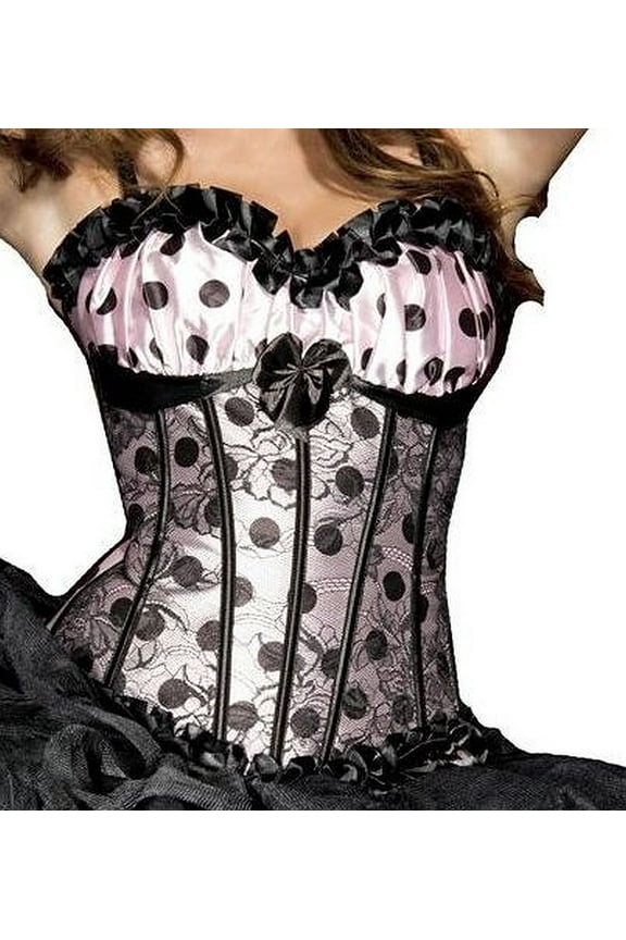 Polka dot sweet heart neckline corset with boning, lace up back floral lace overlay with ribbon trim and matching g-string (Tutu and stockings not included)