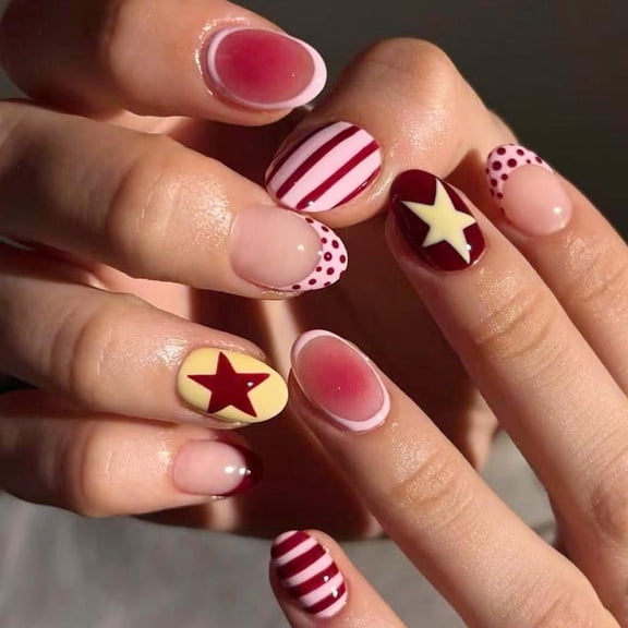 Polkas Dot Stripes Star Pattern False Nail French Style Light Pink ABS Artificial Nail Durability Easy To Apply For Women