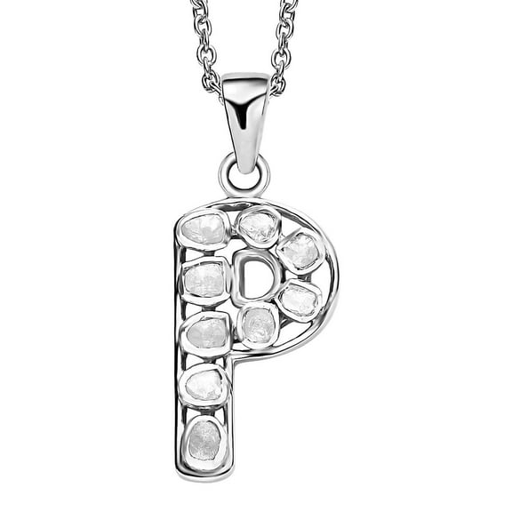 Polki Diamond Initial Necklaces for Women in 925 Sterling Silver Platinum Plated Size 20"- P Letter Necklace I4 Clarity Jewelry Anniversary Wedding Unique Christmas Gifts