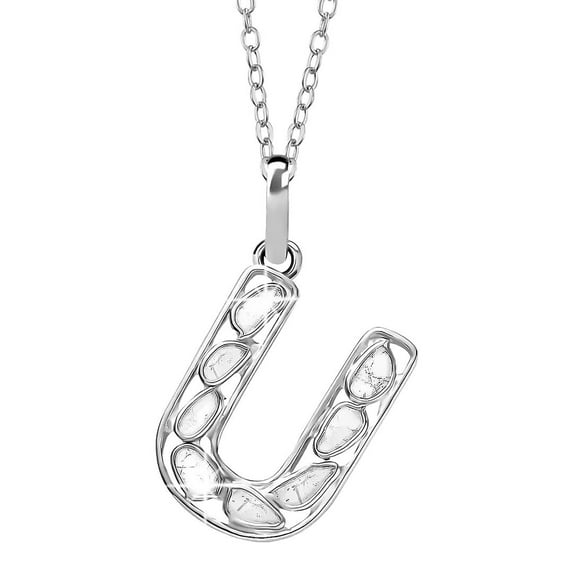 Polki Diamond Initial Necklaces for Women in 925 Sterling Silver Platinum Plated Size 20"- U Letter Necklace I4 Clarity Jewelry Anniversary Wedding Unique Christmas Gifts