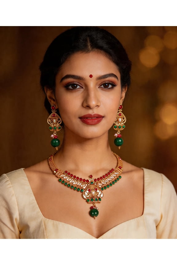 Polki Necklace Set with Faux Ruby, Emerald and Pearl