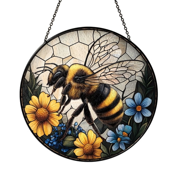 Pollinator Bee Window Sun Catcher, Bright Stained Glass Style Hanging Decor, Nature Gift