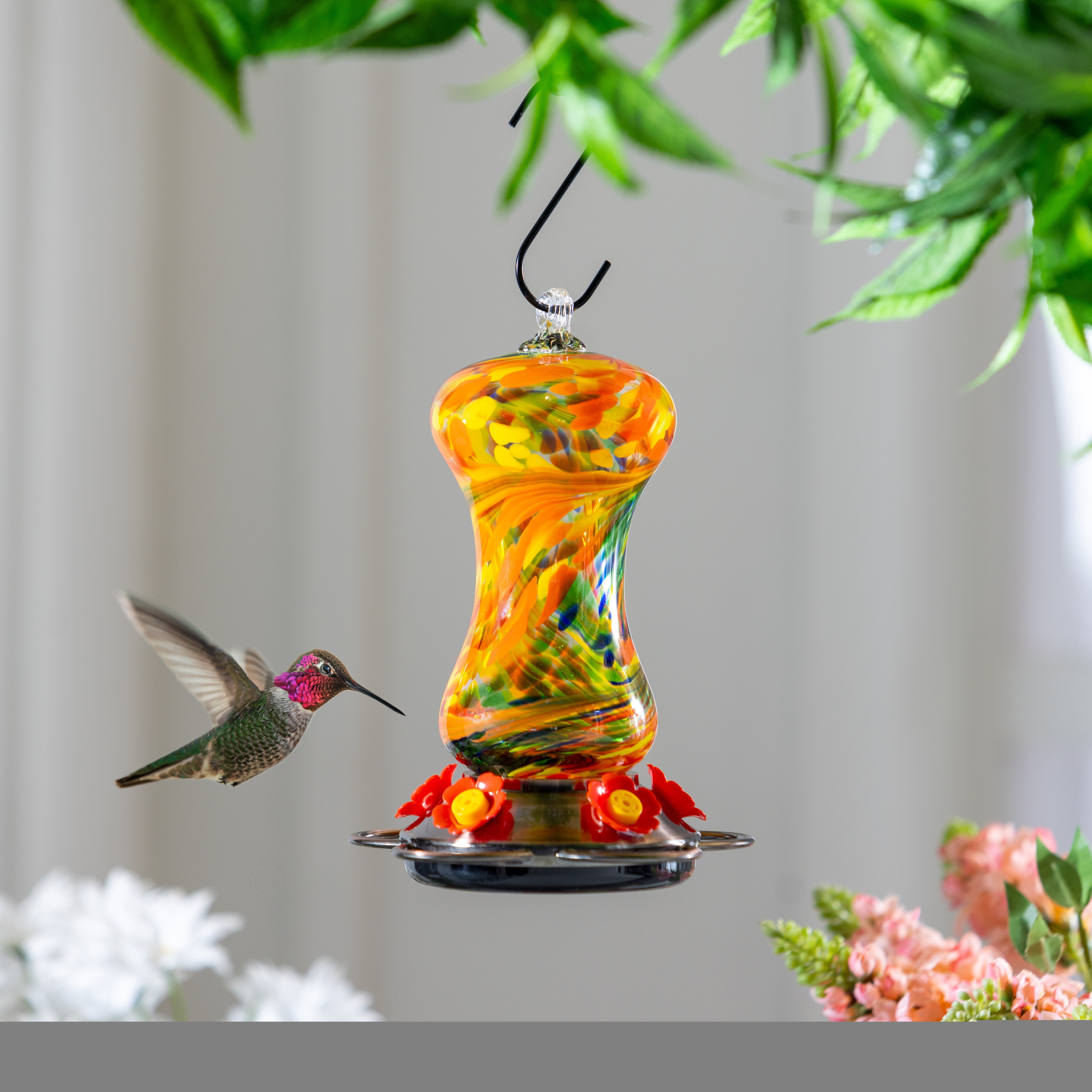 Pollinator Garden Bird Feeder, Art Glass Swirl Hummingbird Feeder
