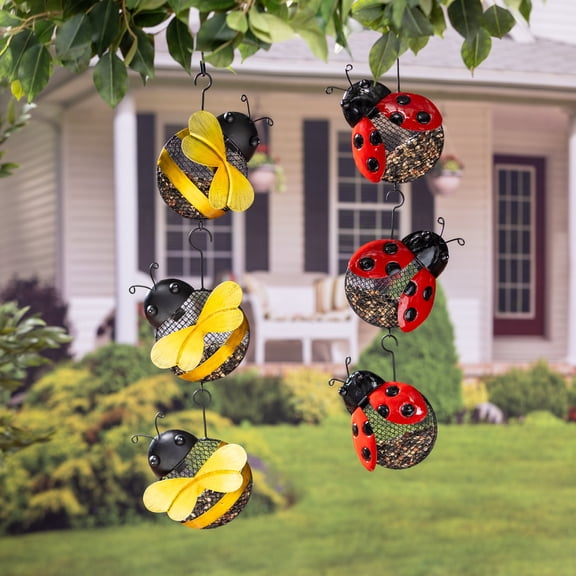 Pollinator Garden Bird Feeder, Metal Hanging Lady Bug & Bee Seed Feeder, Asst of 2
